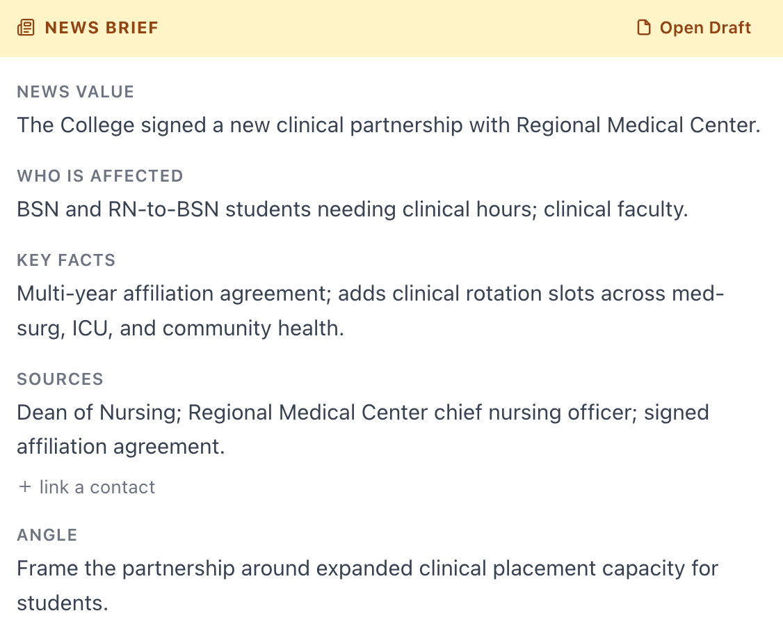 A News Brief with fields for news value, who is affected, key facts, sources and angle, written about a new clinical partnership with a regional medical center.