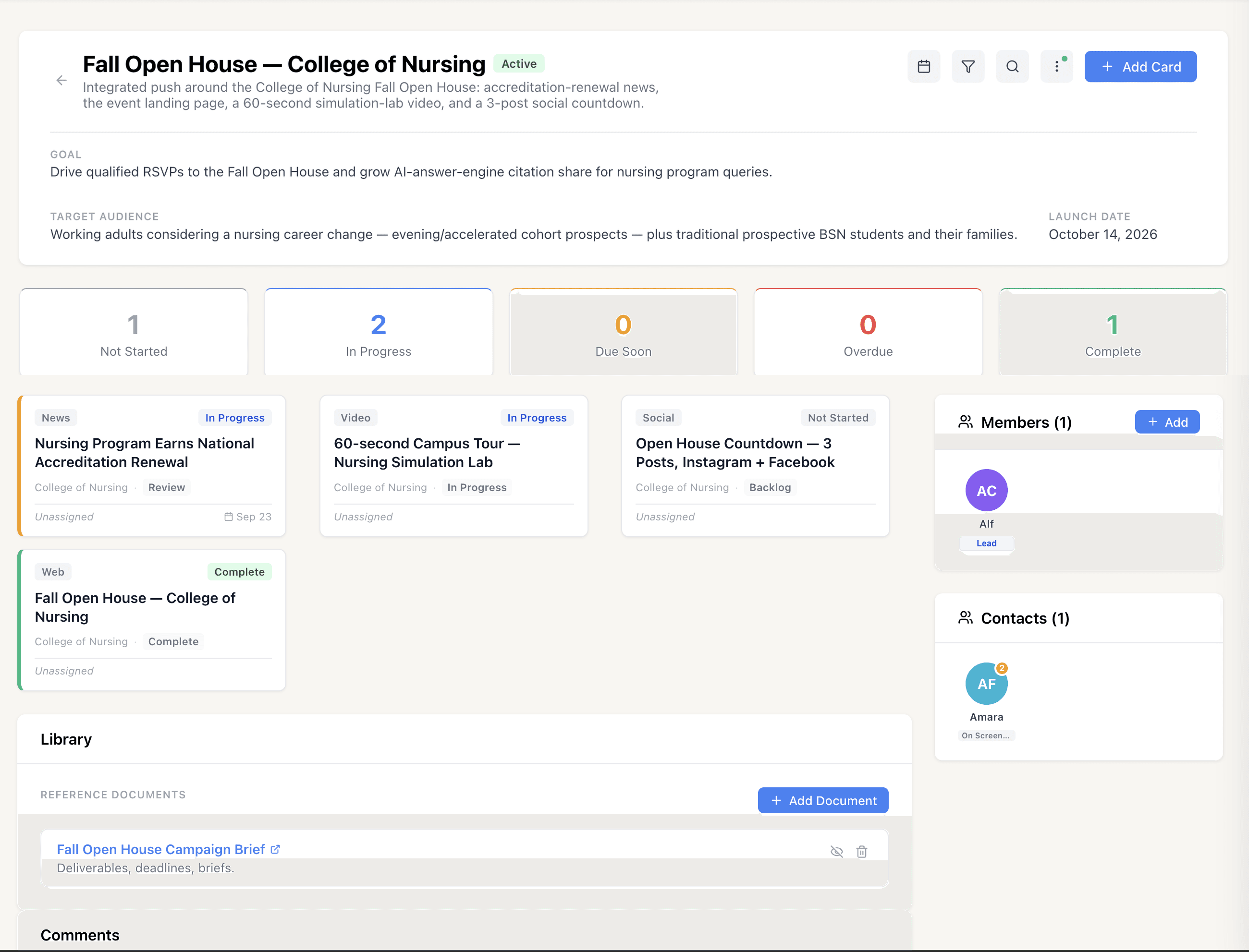 A campaign page with a goal, target audience and launch date, five status counts (1 Not Started, 2 In Progress, 0 Due Soon, 0 Overdue, 1 Complete), four cards tagged News, Video, Social and Web, a Members panel, a Contacts panel and a Library of reference documents.