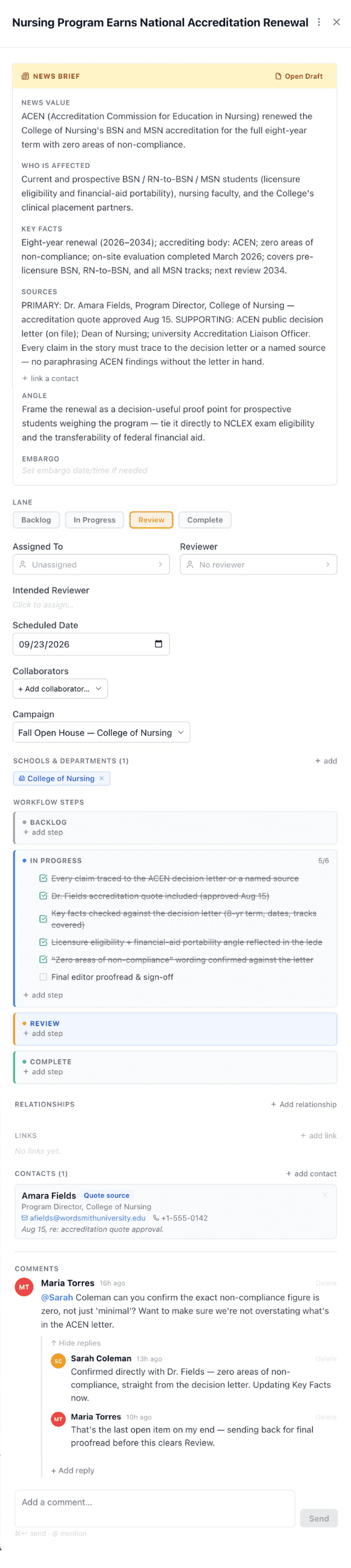 A News Brief card for an accreditation story. It shows the brief fields, lane buttons with Review selected, a workflow steps checklist with five of six items checked, a linked contact, and a comment thread between two team members.